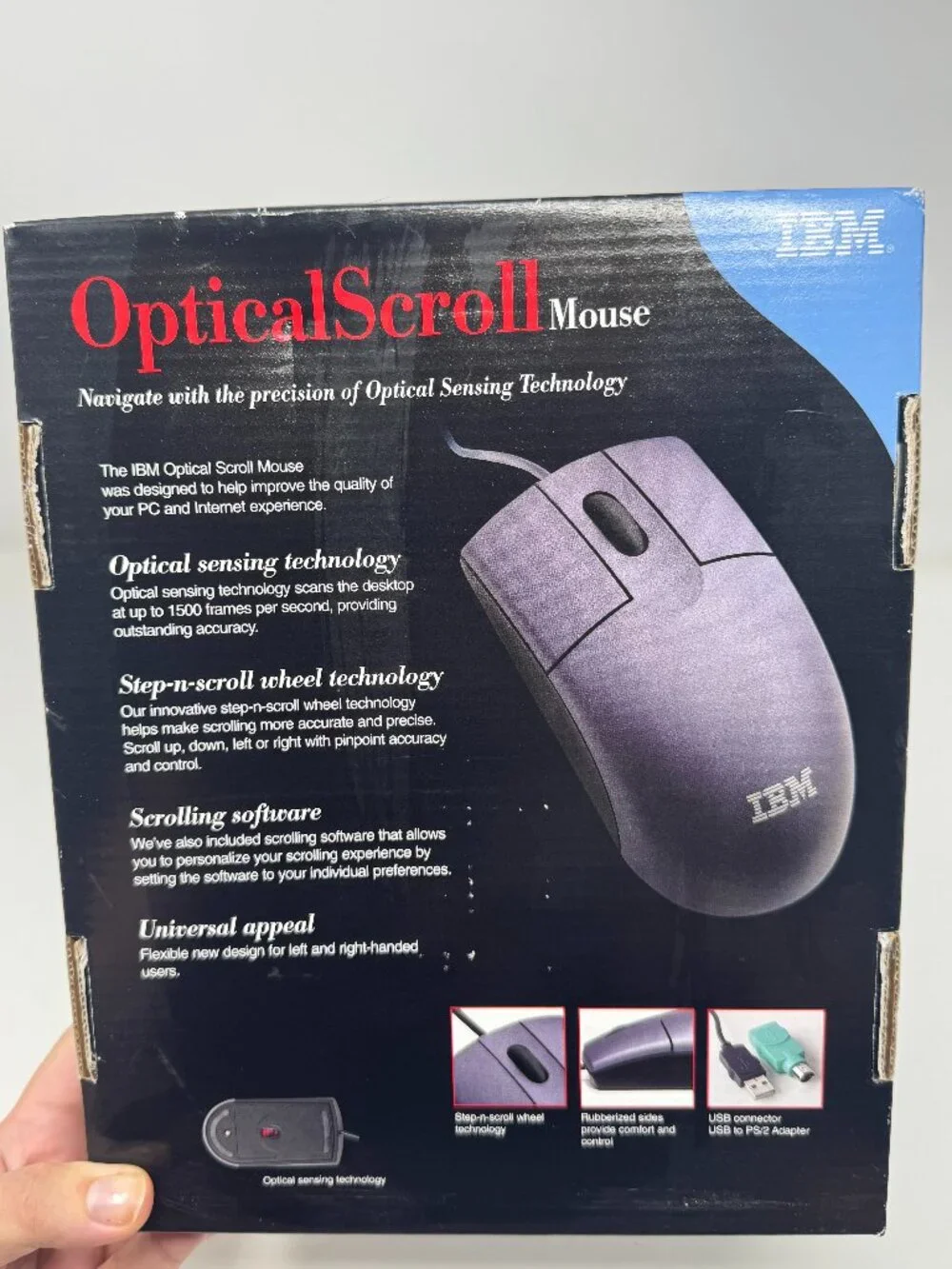 Vintage IBM Optical Scroll Mouse USB PS/2 Adapter NOS Open Box